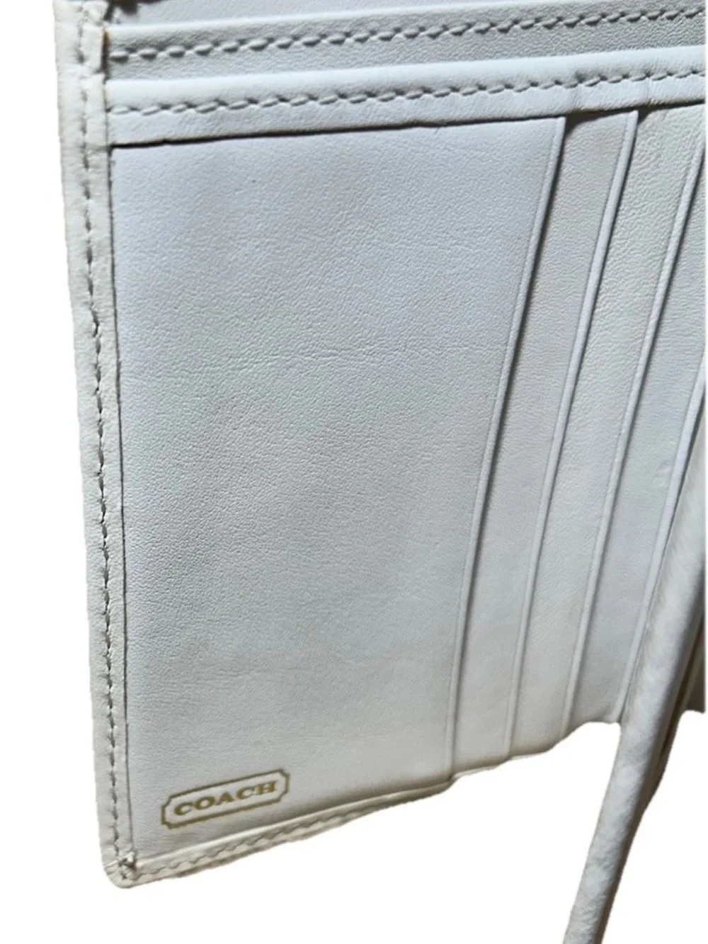 Coach Legacy Bi-Fold Wallet, Signature Denim, White Laced Leather, Brass